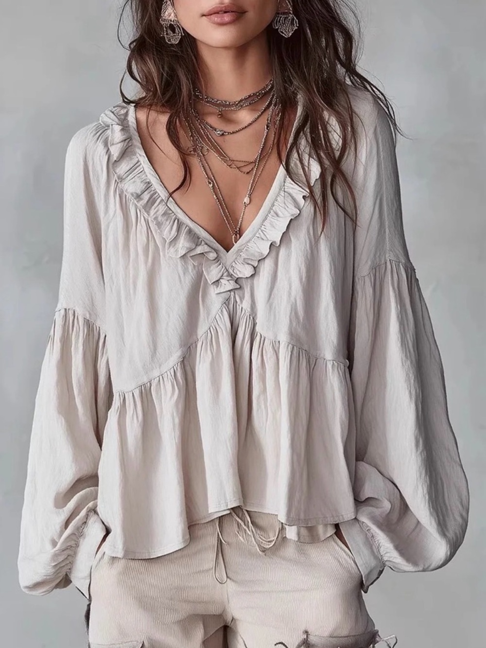 Ruffled V-Neck Peasant Blouse – Cream